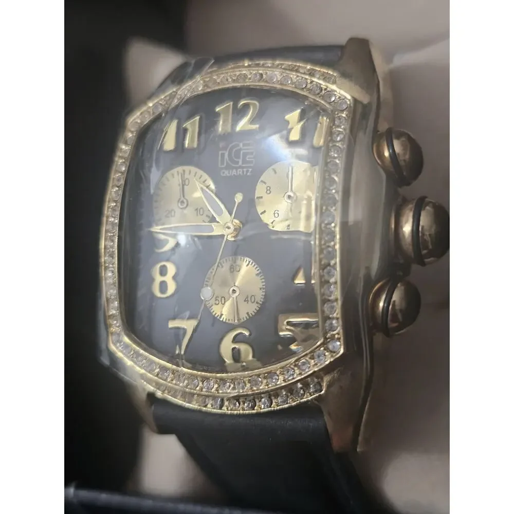 45.9mm bubble face Analog Watch gold tone bezel with Black genuine Leather band
